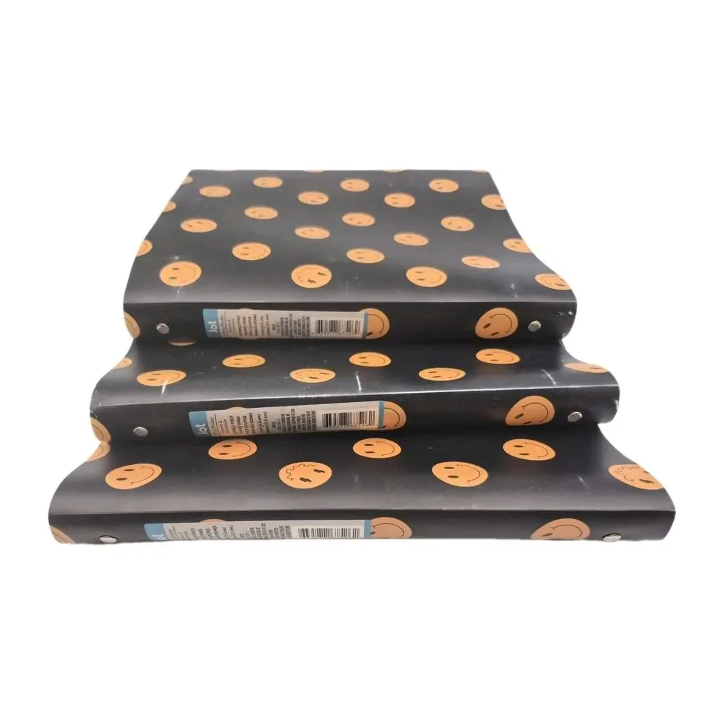 Three Flexible 3-Ring Binders Black w/Gold Smily Faces NEVER USED